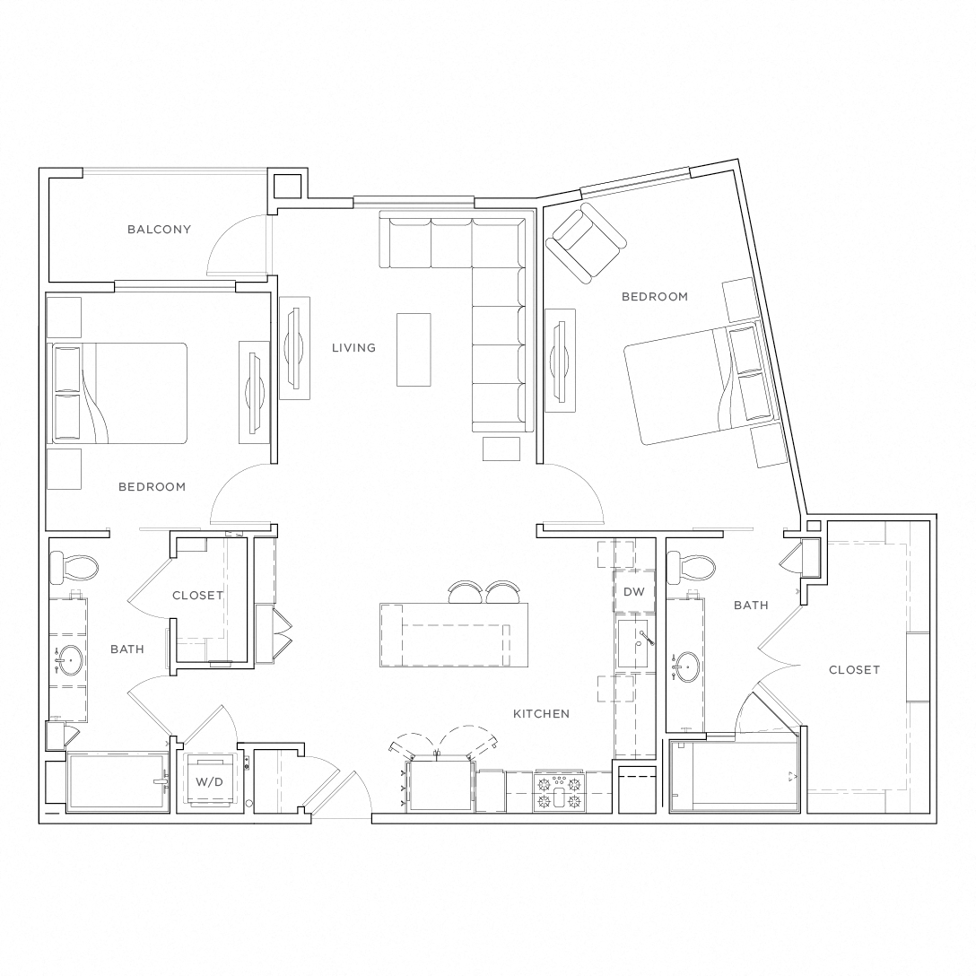 Floor plan for 2 beds, 2 baths, 1222 sqft